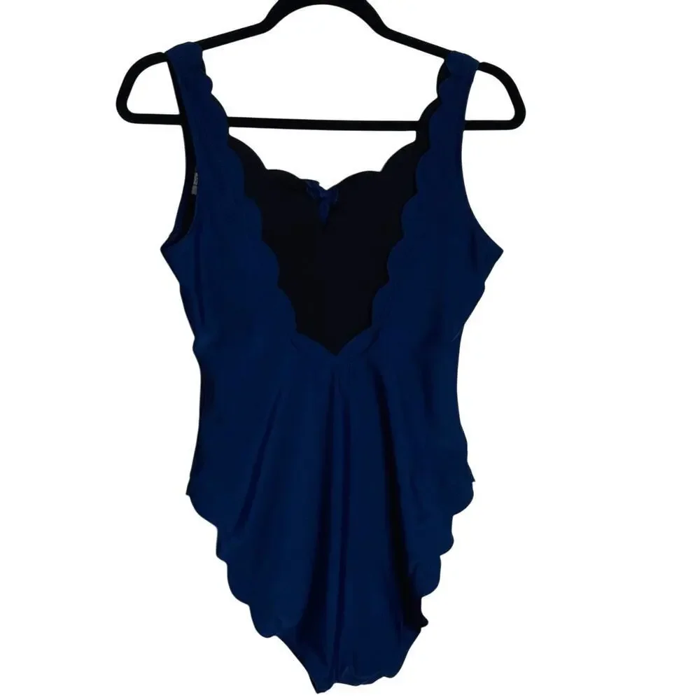 J.Crew Scalloped Trim One Piece Navy Swim Suit Size Small